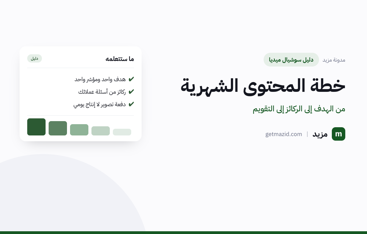 خطة محتوى سوشيال ميديا: هدف واحد ومؤشر واحد، ركائز من أسئلة عملائك، دفعة تصوير لا إنتاج يومي