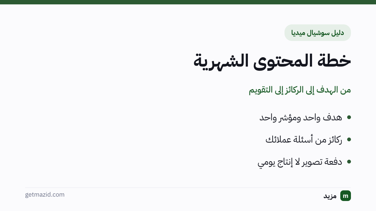 خطة محتوى سوشيال ميديا: هدف واحد ومؤشر واحد، ركائز من أسئلة عملائك، دفعة تصوير لا إنتاج يومي